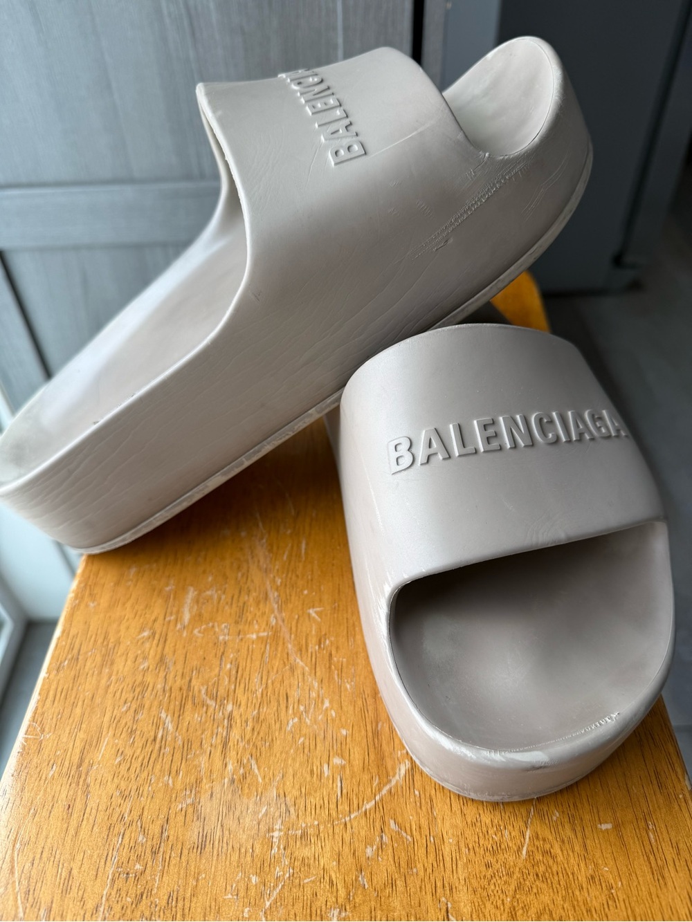 Balenciaga Taupe Logo Slide Sandals